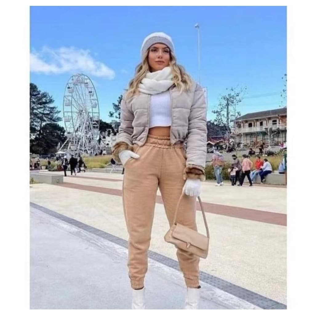 calça jogger feminina moletom flanelada cintura alta Tumblir