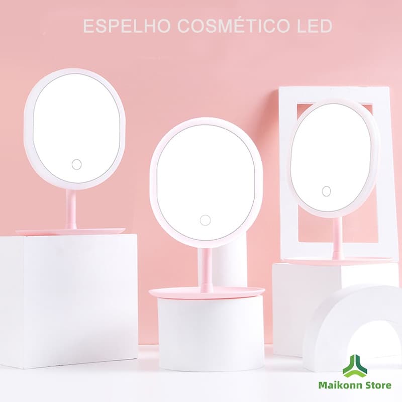 Espelho de maquilhagem inteligente com espelho oval oval LED dobrável ajustável oval