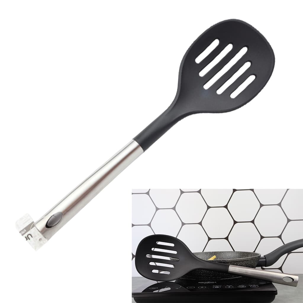 Escumadeira para frituras nylon e aço inox preta 35cm uni pastel salgados fritura utensilio de cozinha