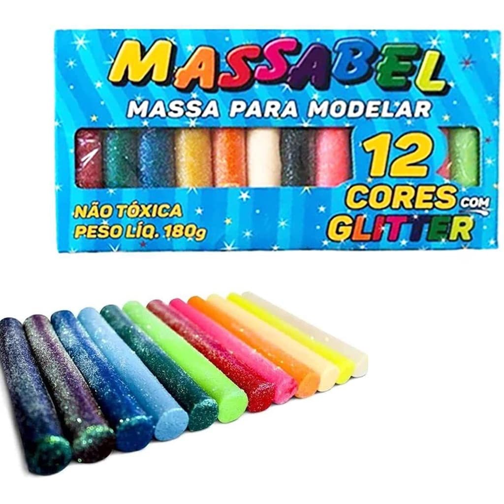 Massa para Modelar 12 Cores Glitter Não toxica 180g