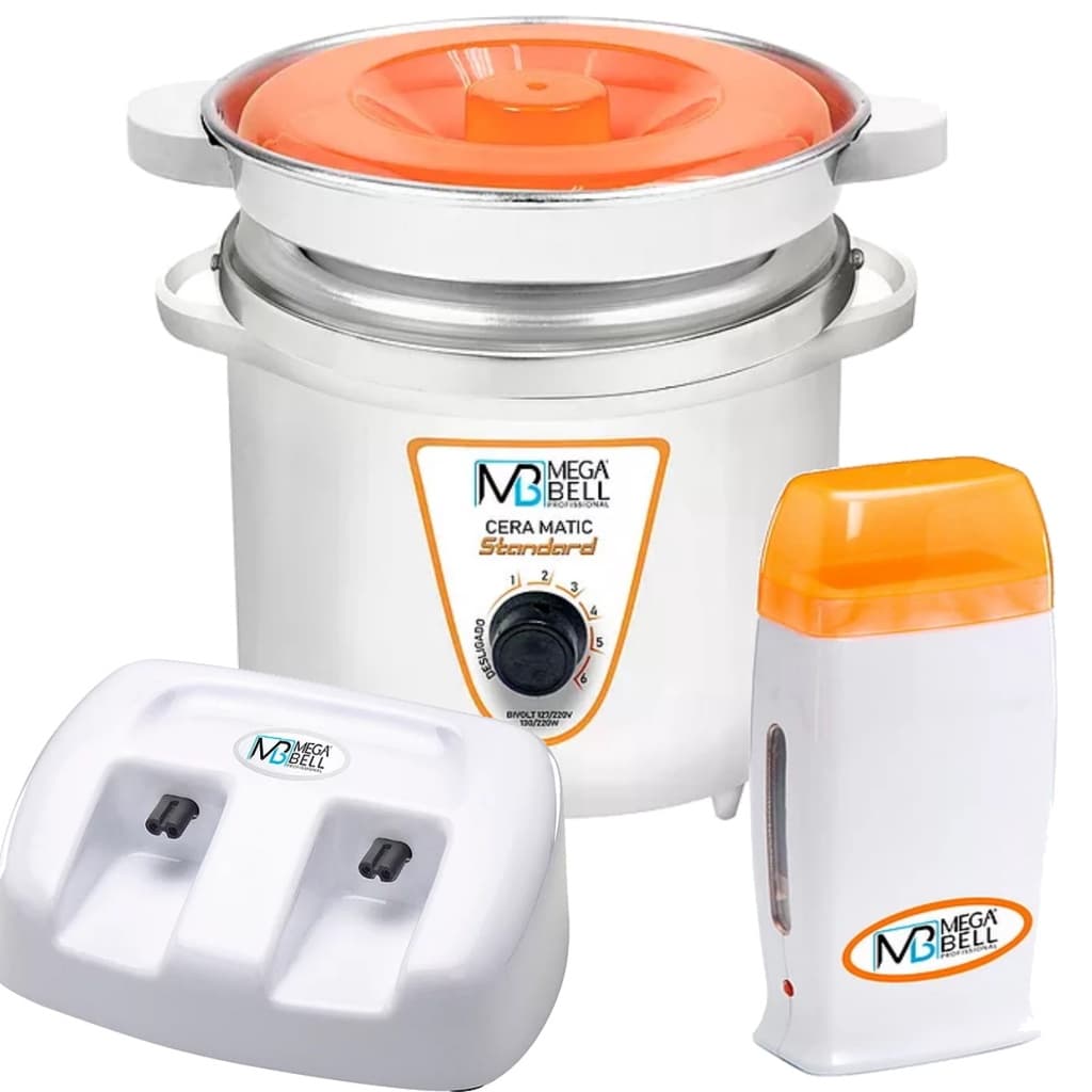 Termocera Panela Depilação 900g c/ Refil + Base Dupla c/ 1 Rollon Branco c/ Laranja Mega Bell
