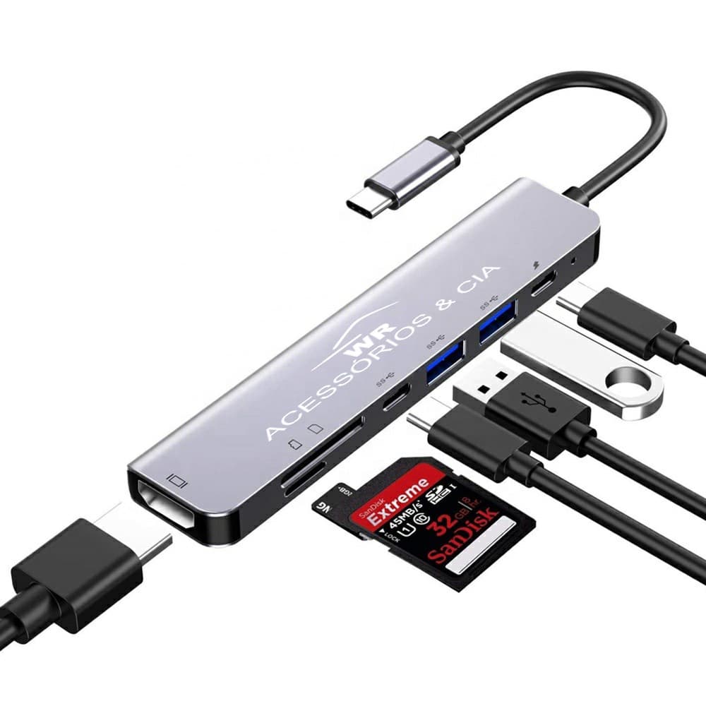 Hub Tipo-C 7 em 1 - Com USB 3.0 HDMI e Entrada para SD/ TF Card