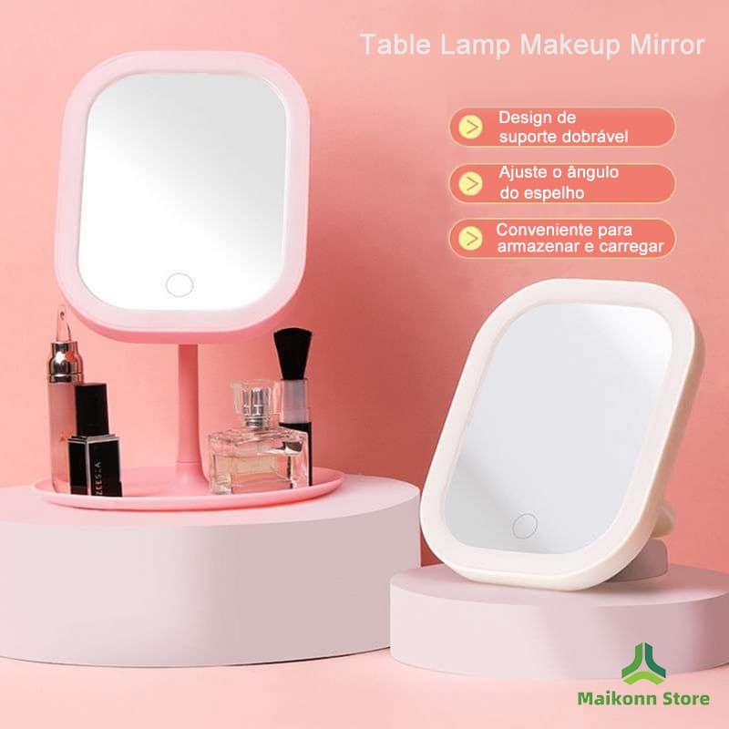 Espelho de maquilhagem inteligente com espelho LED portátil com luz dobrável quadrada ajustável