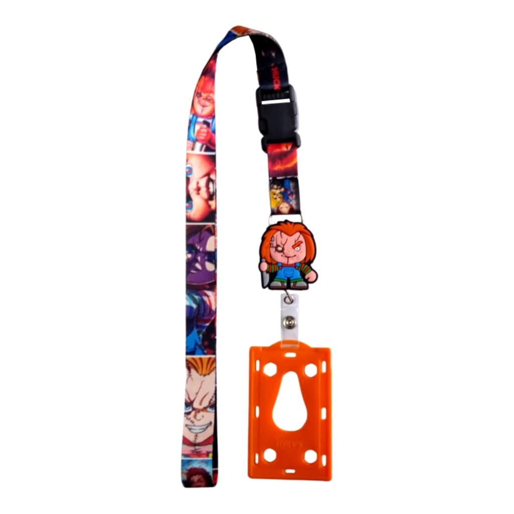 Kit Cordão Chucky com Fecho Engate Rápido + Porta Crachá Retrátil + Porta Cartão Laranja