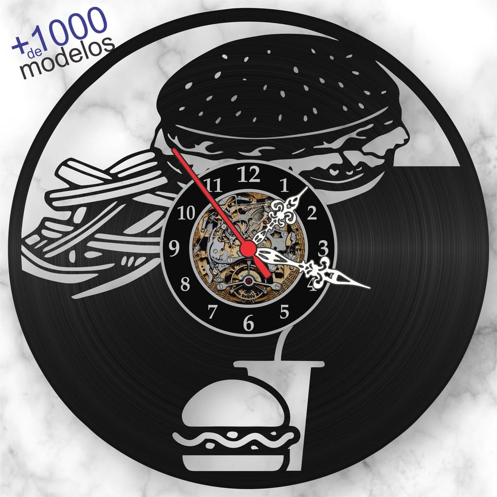 Relógio Parede Hamburgueria Vintage Lanchonete Lanche Batata Frita Disco de Vinil Lp ilustrado Retrô