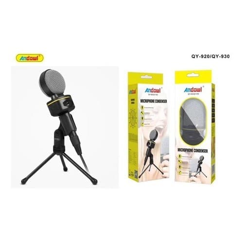 Microfone Omnidirecional Condensador QY-920 Preto + Tripé