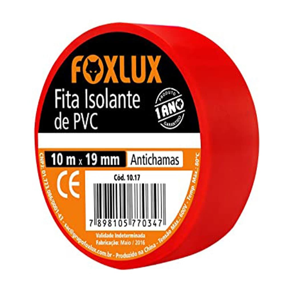 Fita Isolante Pvc Antichama Colorida Vermelha 19mm X 10mts