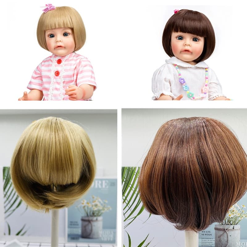 (só peruca sem boneca) Boneca Reborn Dourada E Marrom BOB Peruca De Cabelo Sticked Se Encaixa Bonecas Do Bebê Silicone Curto DIY Acessório