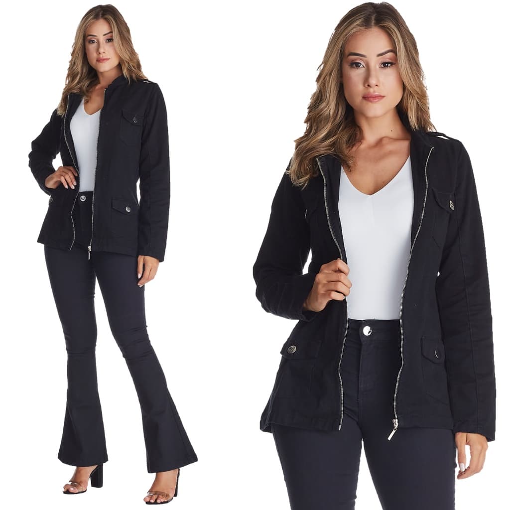 Jaqueta Jeans Feminina Acinturada HNO Jeans Manga Longa Linha Premium