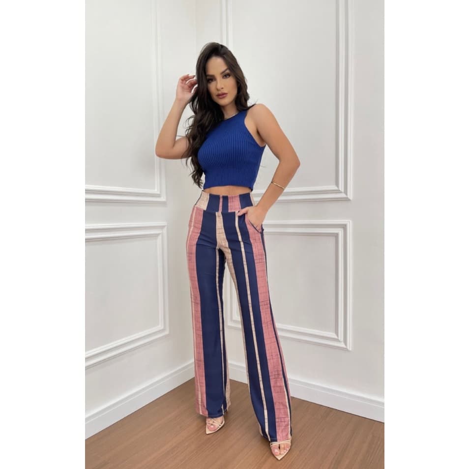 Calça Feminina Pantalona em Listrada Multicolor Cintura Alta Suplex