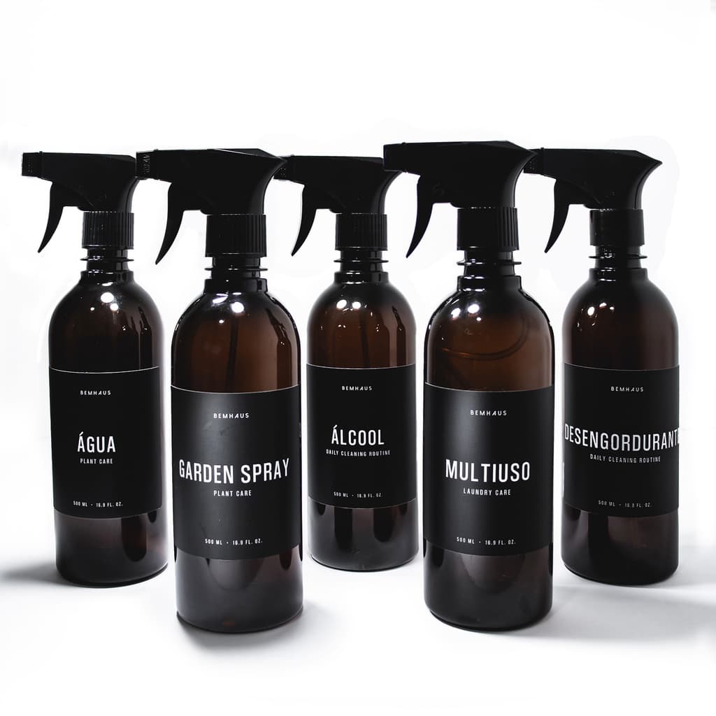 Frasco Ambar 500 Ml Diversos Rótulos Alcool Multiuso Home Spray Preto Válvula Borrifadora Bemhaus