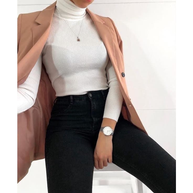 Blusa Feminina Gola Alta Manga Longa Segunda Pele Cacharrel para o Frio Canelado Outono Inverno