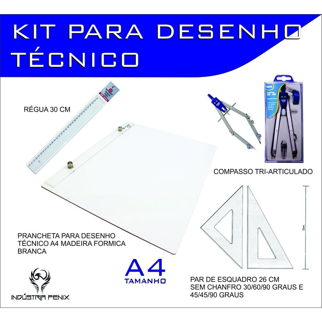 Kit Desenho Técnico Prancheta Engenharia Arquitetura Edificações a4 Formica Esquadro 26 Compasso 303