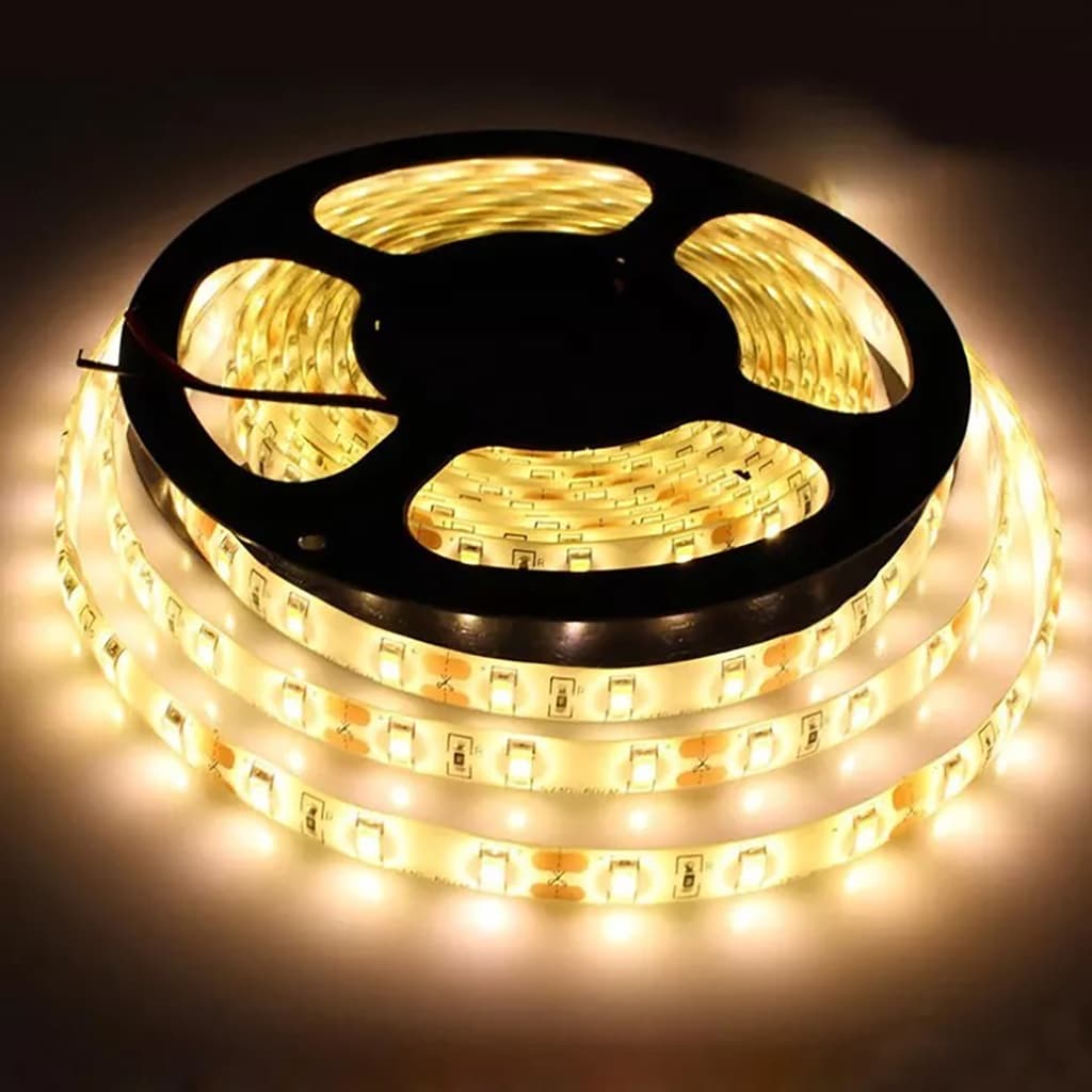 Fida de Led Branco Quente Kit Rolo 5 Metros Conector Cola Adesiva Dupla Face Fonte Bivolt  ip65