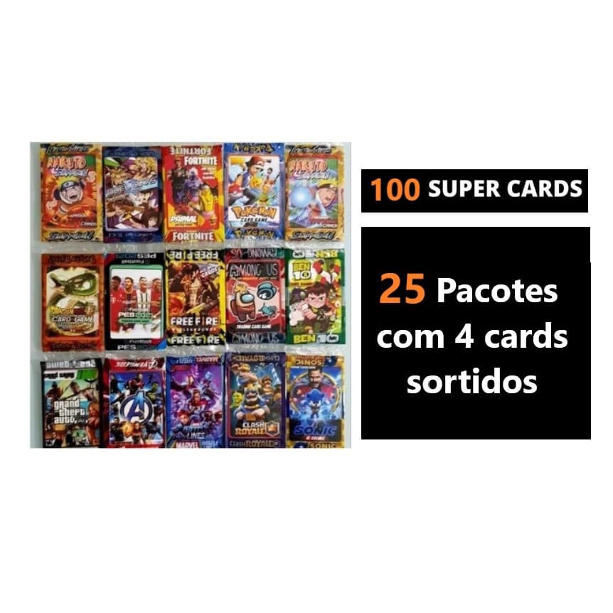 Kit 100 Cards Cartinhas = 25 Pacotes Pokemon Yugioh Naruto GTA Free Fire Fortnite Among Us Roblox