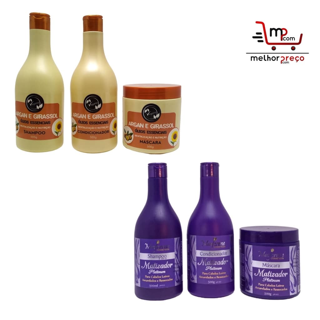 Kit Matizador Cabelos Loiros + Kit Argan e Óleo de Girassol Vegan Elimina Amarelado Nutrição Intensa Maycrene