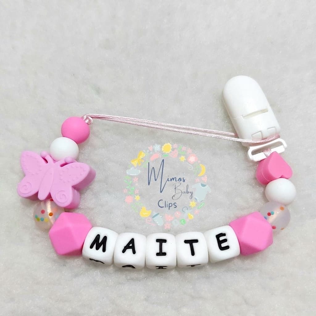 Prendedor de Chupeta e Mordedor Personalizado com Nome em Silicone Borboleta