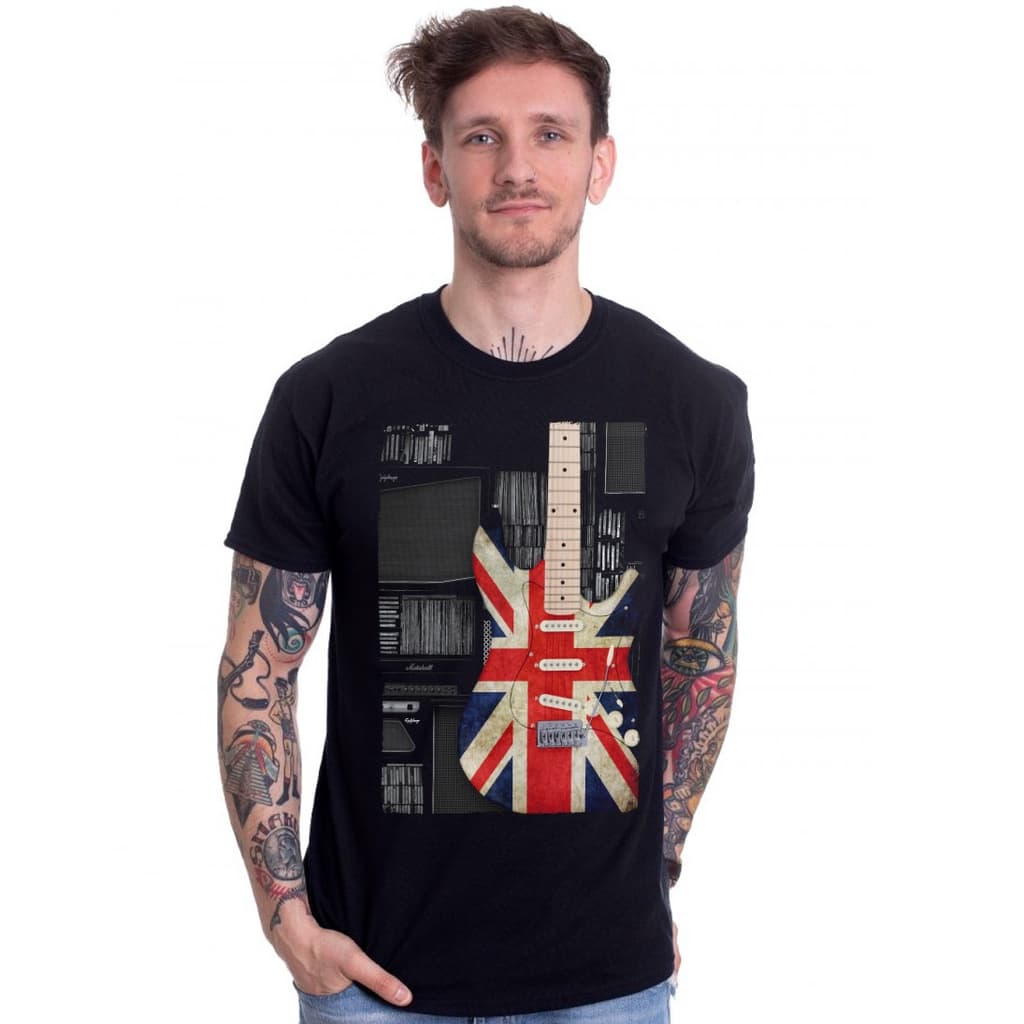 Camiseta Camisa Guitarra Rock Bandas Masculina Preta Algodão Bandeira UK Inglaterra