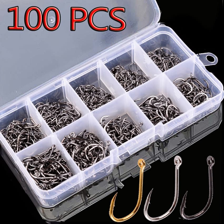 100Pcs Conjunto De Aço Carbono Único Círculo Ganchos De Pesca Com Mosca Gancho Farpado Carpa Mar Enfrentar Acessórios