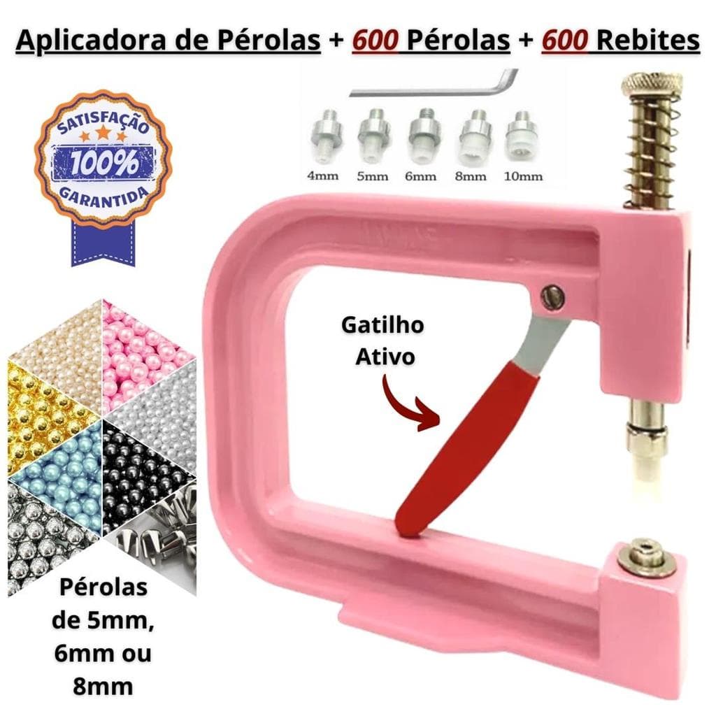 Kit Aplicador de Perola Rosa + 600 Pérolas + 600 Rebites para Perolas