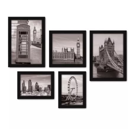 Quadros decorativos 5 peças - Londres - Inglaterra - Viagem - Preto e Branco - 3 Visu = 208
