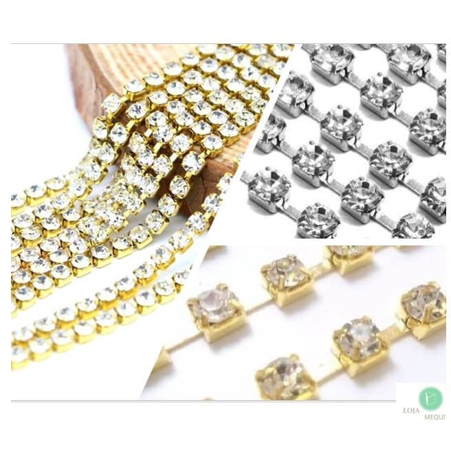 Corrente Strass 2mm 2,2mm 3mm 6mm Ss6,5 Ss8,5 Ss12 Ss16 Ss28 - Ouro Prata - Pedra Cristal