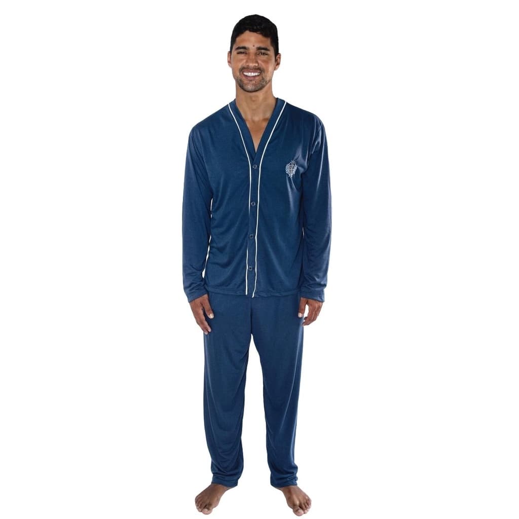 Pijama Masculino Longo Adulto Manga Longa Aberto com Botão de Inverno Calça Homem Promoção 040LA