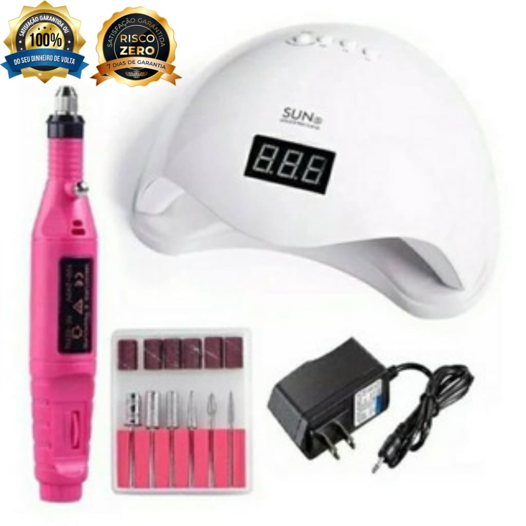 Cabine Estufa de Unhas 48W Sun 5 UV LED Manicure Profissional + Kit Lixadeira Elétrica Motor Caneta