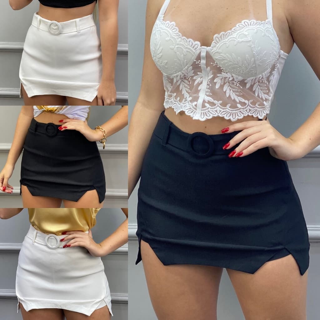 Short Saia Cintura Alta Cinto E Fenda Lateral Moda Tendência Feminina Oferta Barato