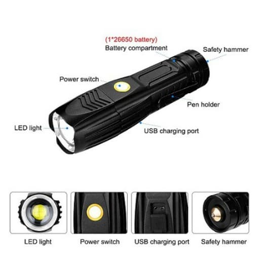 Lanterna LED T9-P90 Lanterna com Quebra Vidro Lanterna Tatica  Mais Forte Ultra Potente Super Brilho Recarregavel usb