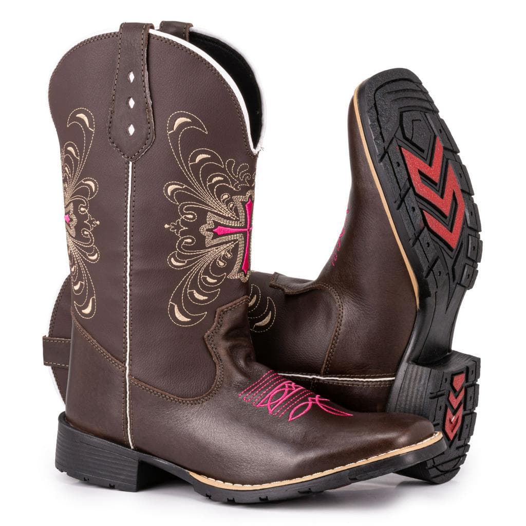 Bota Texana Feminina Country Bico Quadrado Bordada Cruz Rosa