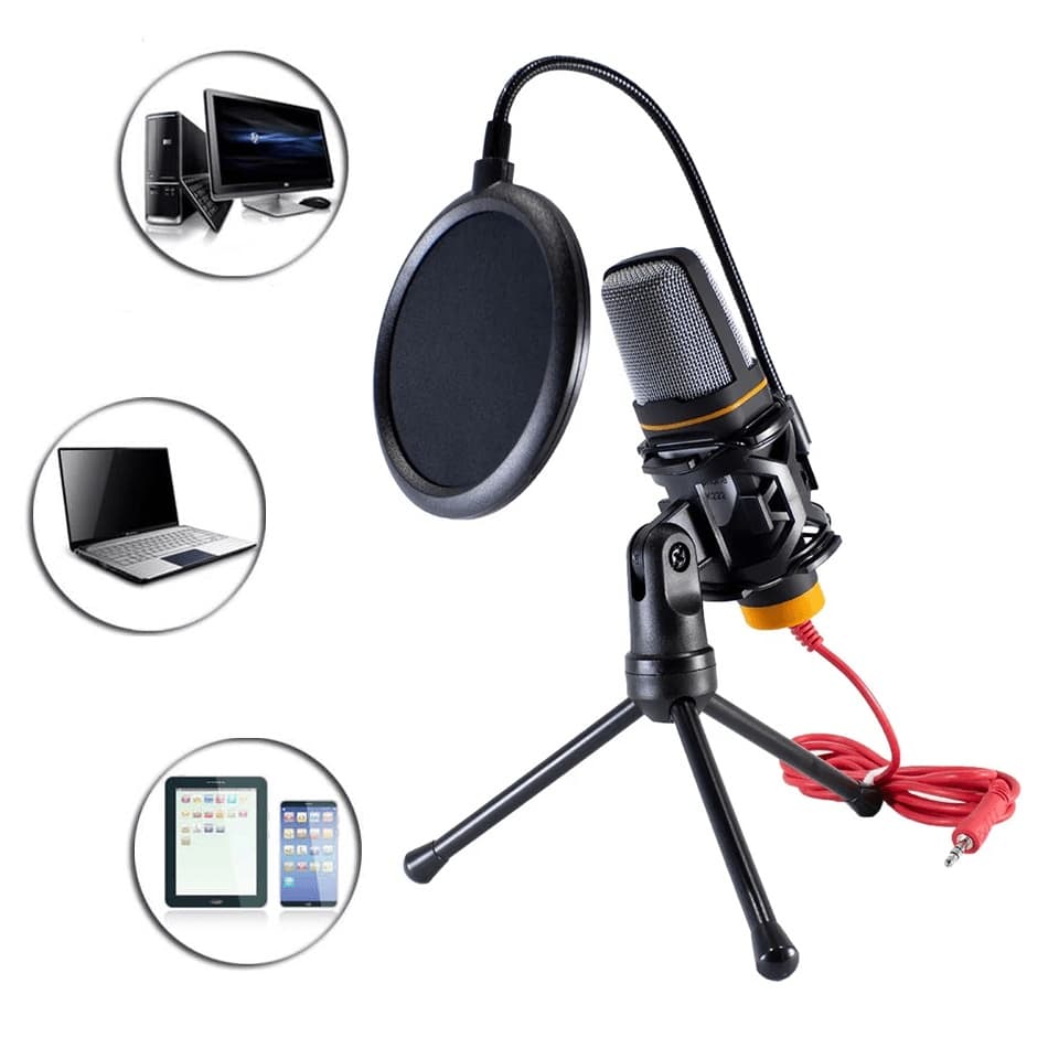 Microfone Condensador Com Pop filter E Tripé Para Karaokê, Youtubers e Aplicações Multimídia - QYK222