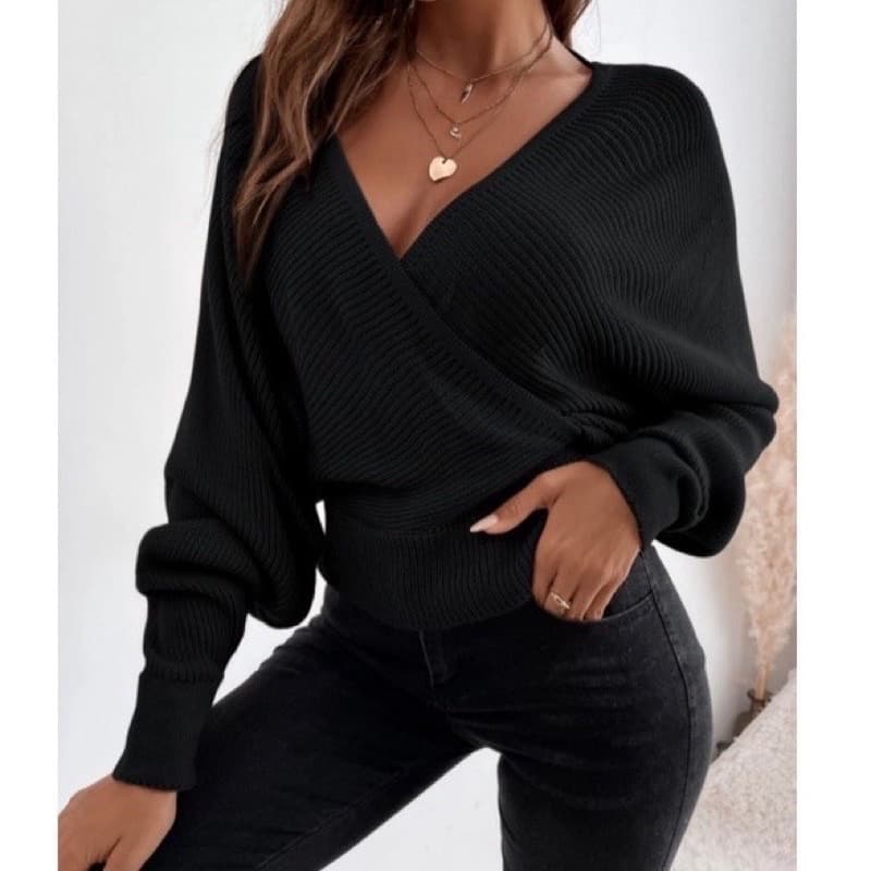 Blusa em Tricô Modal Grosso Feminina Manga Longa Transpassada X com Decote nas Costas