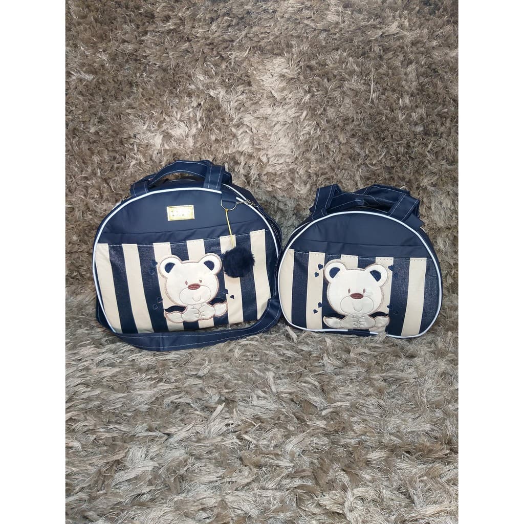 Kit Bolsa de maternidade / bebê tema ursinho urso azul marinho e bege palha listras listrado Bolsa G e Bolsa M