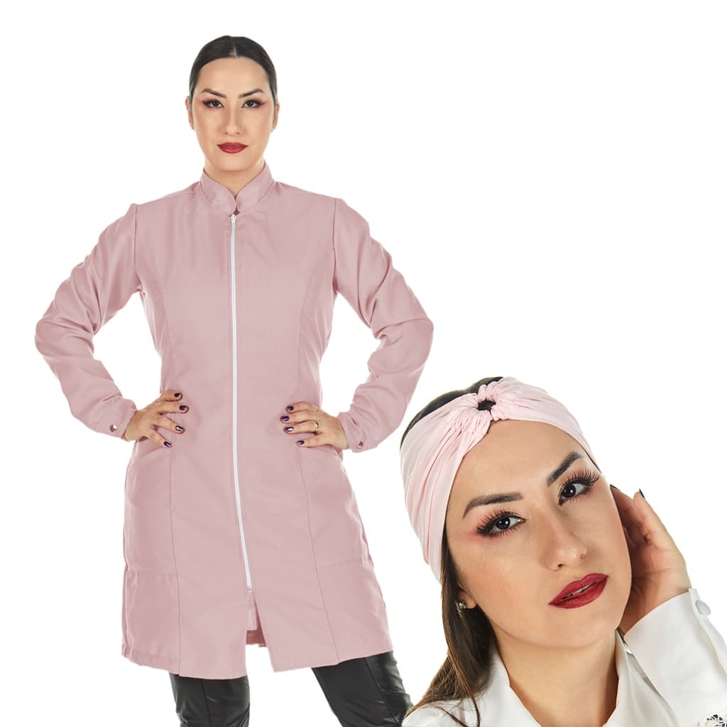 Jaleco Oxford Feminino Acinturado Rosa Bebê Zíper Gola Padre Manga Longa Com Faixa Turbante