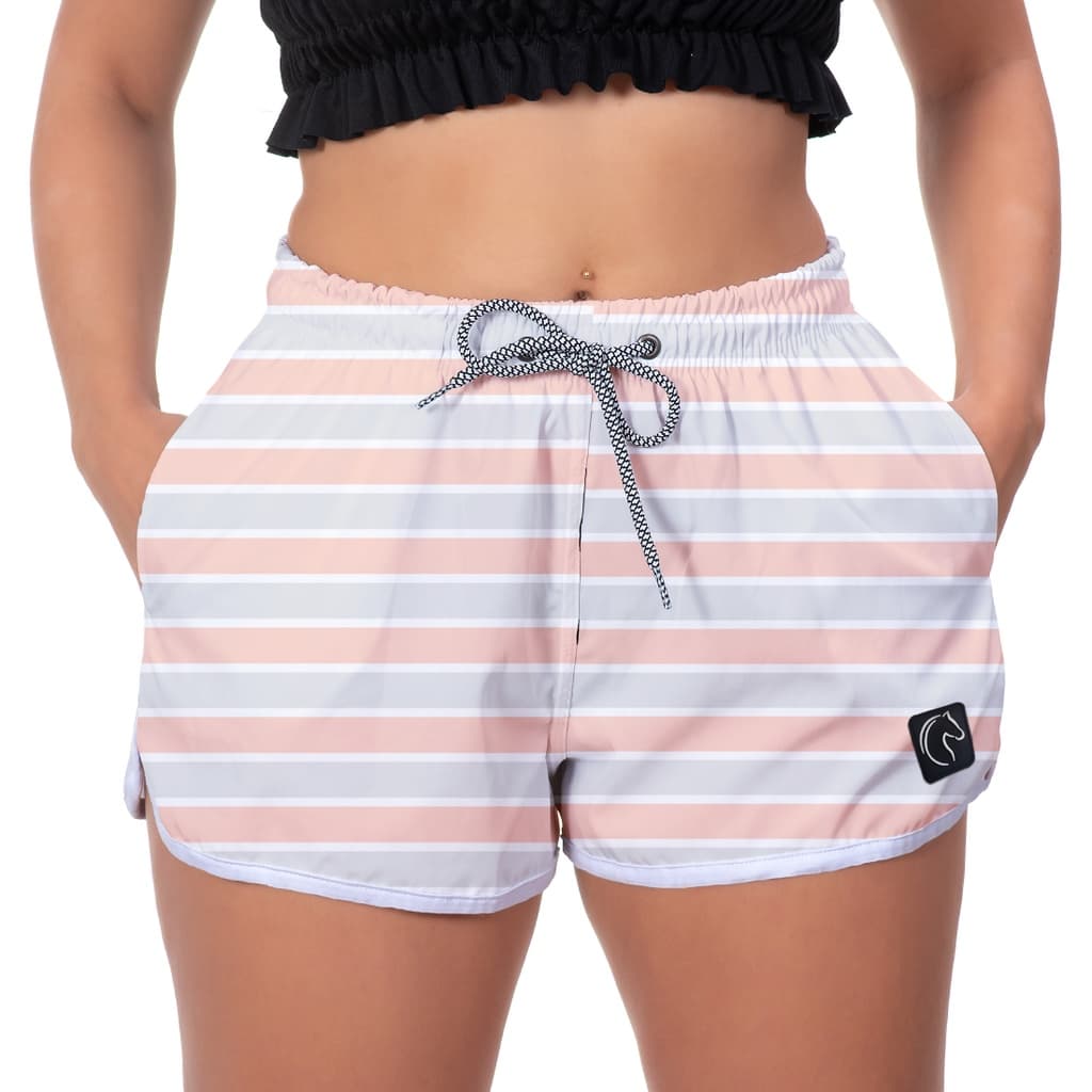 Short Feminino Moda Praia Premium Estilo Casual Soltinho Com Bolsos e Secagem Rápida Listrado Rosa