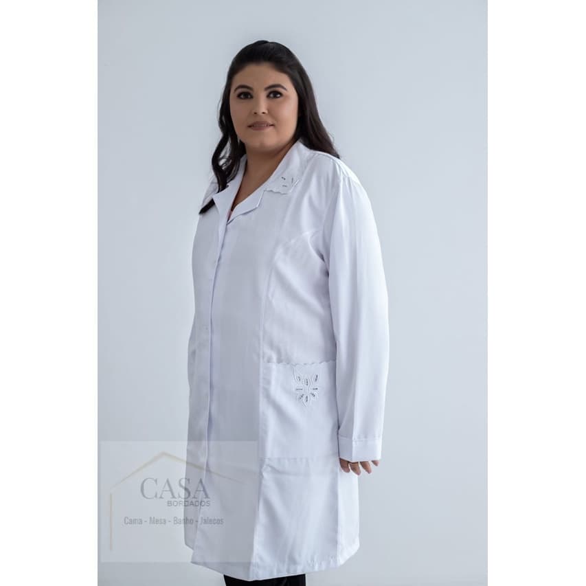 Jaleco Feminino Branco Bordado Tecido Microfibra ref : 969 - Nininha Jalecos