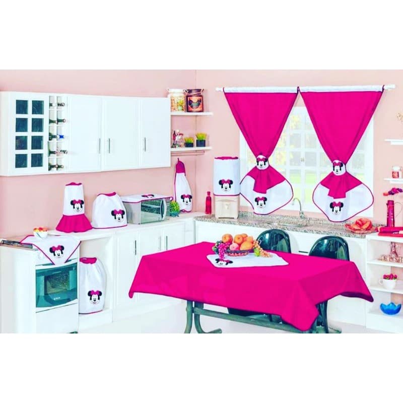 jogo de cozinha 13 Minnie e mikey Bordado patchwork kit com cortina de pia 2.00x0.80 + toalha de mesa 2.00x1.50cm