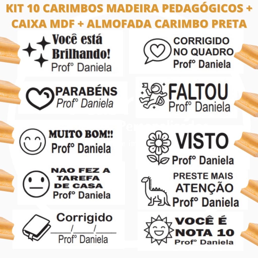 Kit carimbo de madeira pedagógico professores INCENTIVO - 10 unidades carimbo de madeira + caixa MDF + almofada carimbo