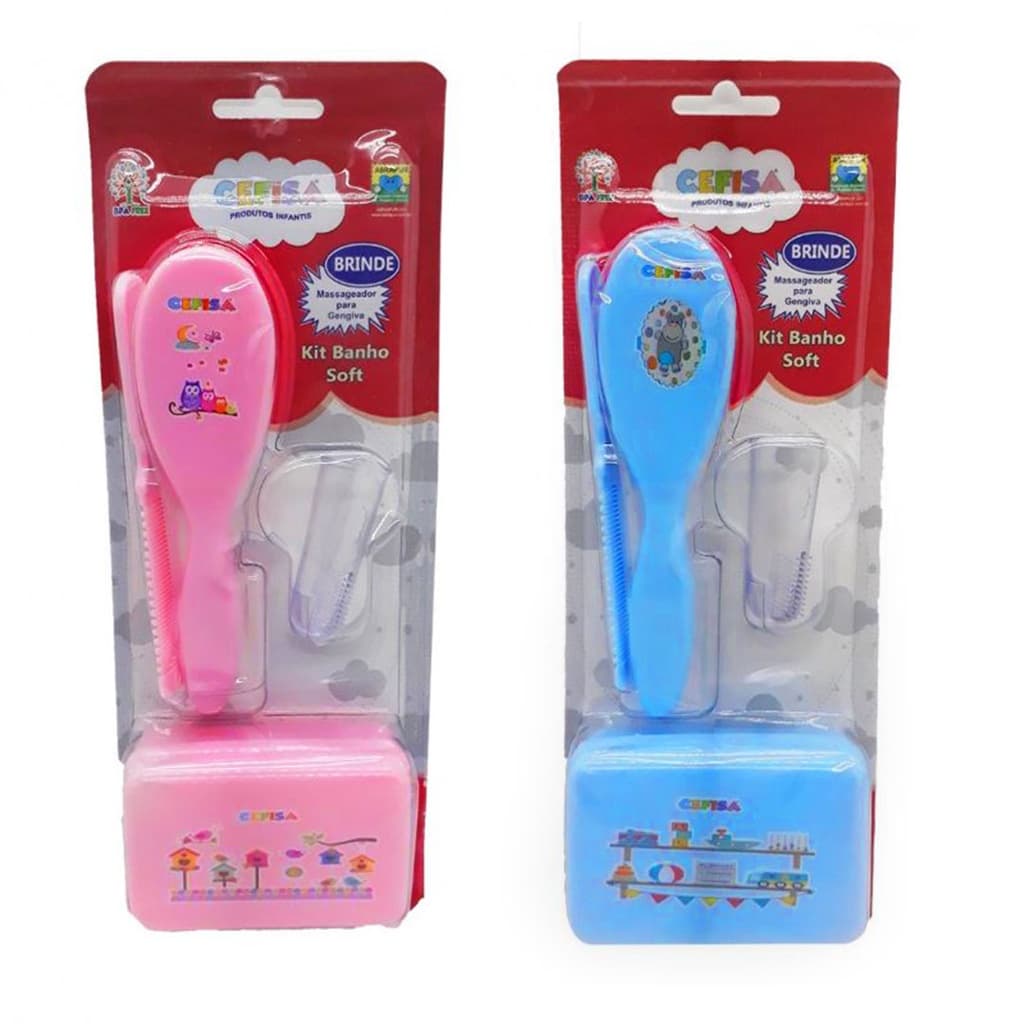 Kit Banho Bebê Luxo Escova, Pente e Saboneteira + Brinde 1 Escova Massageadora Cefisa