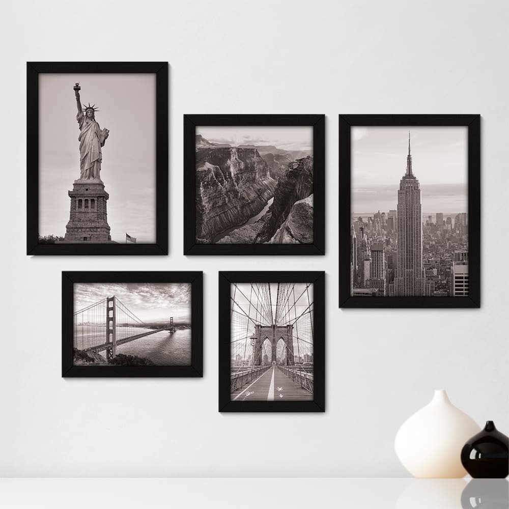 Kit Com 5 Quadros Decorativos - Estados Unidos - Pontos Turísticos - Nova Iorque São Francisco Estátua Canyon - Preto e Branco - 272kq01