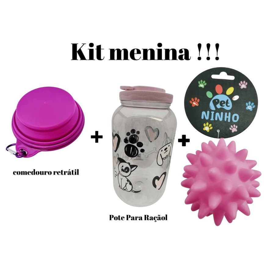 Kit Pote para Ração Rosa Grande + Comedouro Retrátil Lilás + Brinquedo Pet Ninho - Para Armazenar Ração do seu PET