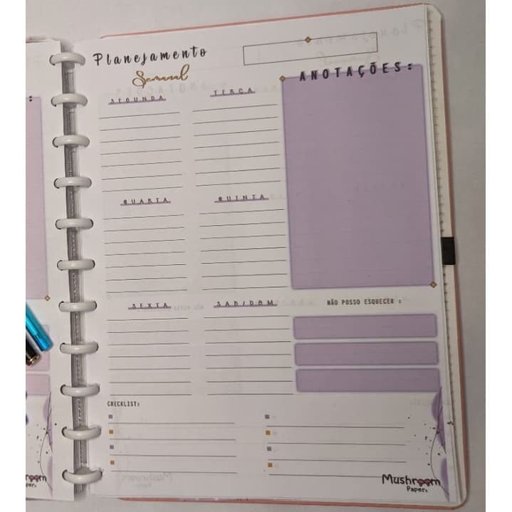 Refil Planner Semanal Vertical Caderno Inteligente  infinito Discos furo cogumelo Miolo