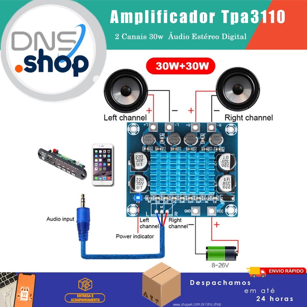 Amplificador de áudio TPA-3110 2X30W Estéreo 4-8ohm