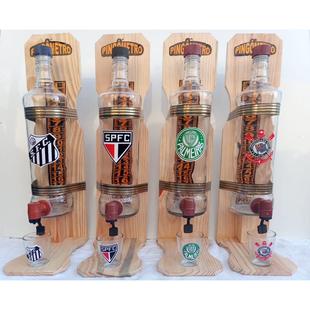 Pingometro Artesanal Clubes de Futebol Garrafa + Copinho Dosadorde vidro / Pingometro em madeira rústico dosador de bebidas cachaça promoção 💥