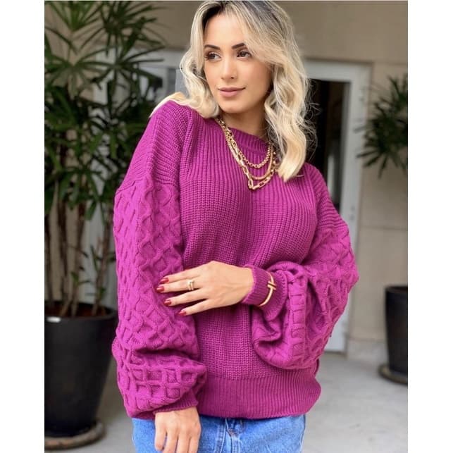 Blusa Tricot Elegância Manga Bufante Moda Feminina Blogueira Inverno