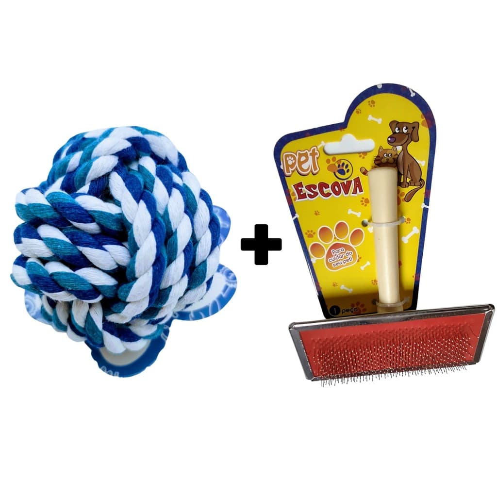 KIT Bolinha Mordedor Nó para filhotes PET brincar + Escova Rasqueadeira  para pelos de cachorro, acessorios pra filhotes, cachorros, Dog, Bola de cordão - Coisas para Cachorro AZ