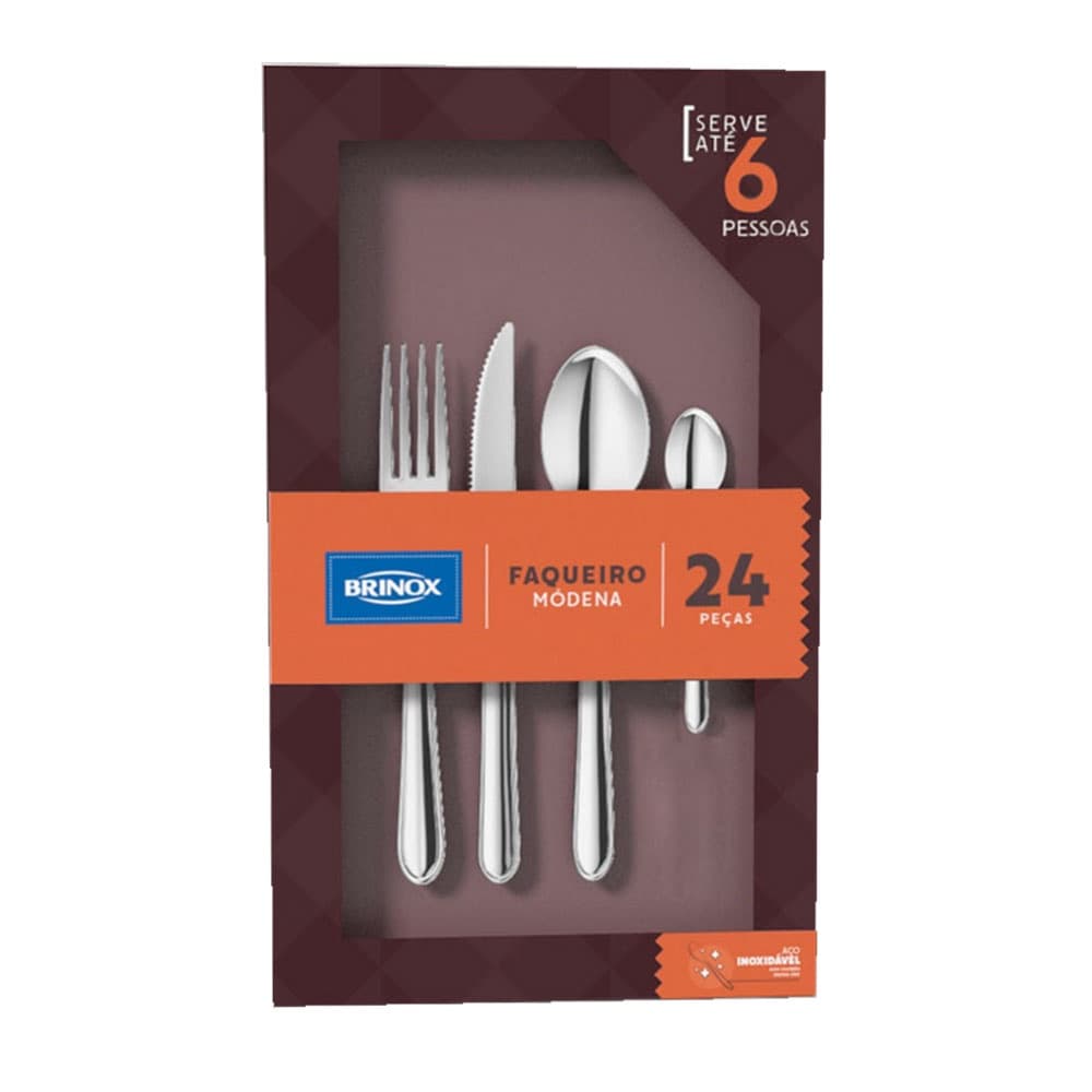 Faqueiro 24 Peças Garfo Faca Colher Talheres Inox Modena - Brinox
