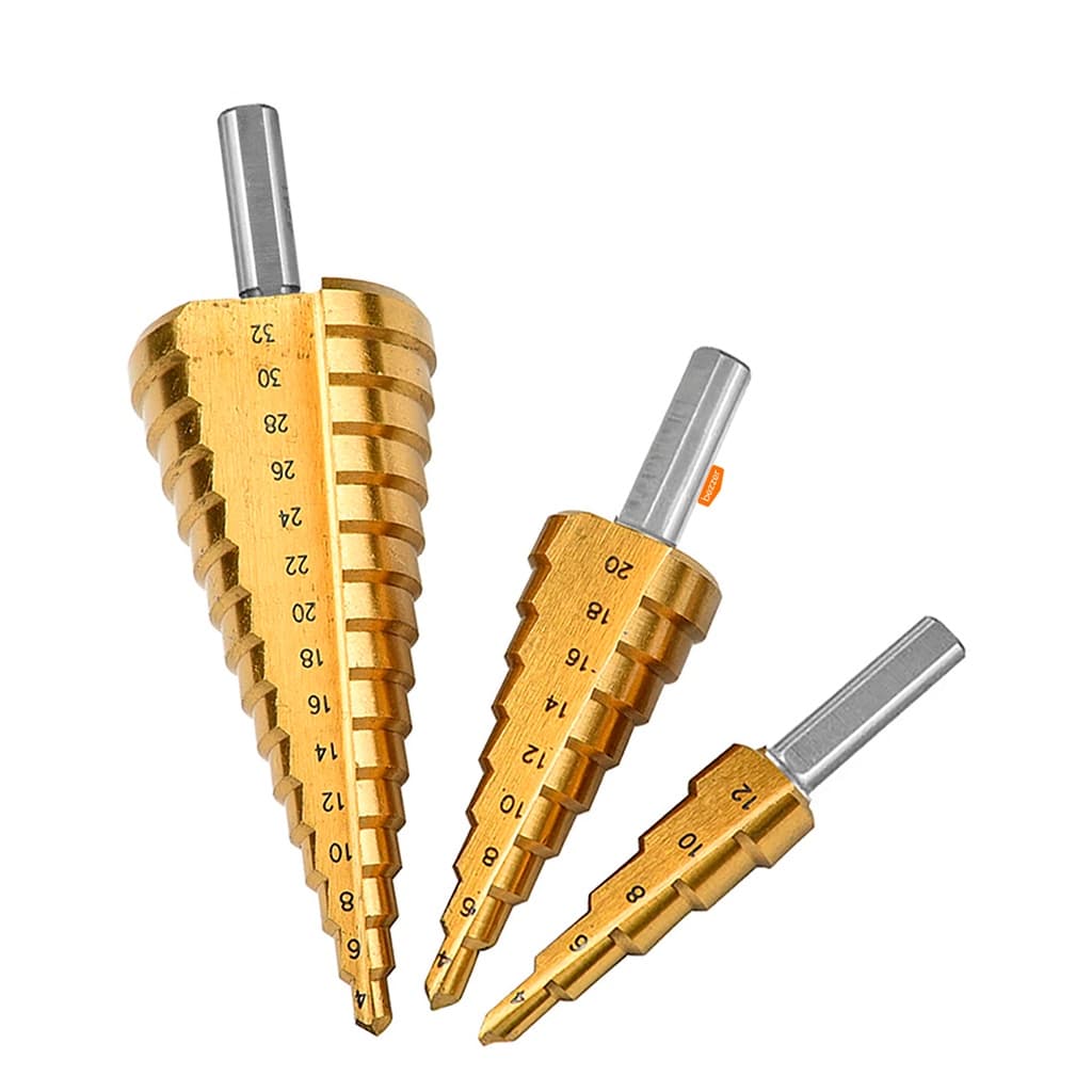 Jogo 3 Broca Escalonada Cônica com banho Titânio Broca de Aço e Metal Chapas e Tubos Finos até 2,4 mm Madeira e Alumínio