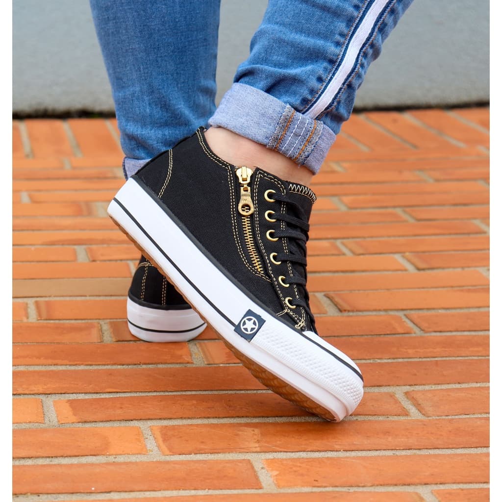 Tênis Feminino Sola Alta Jeans Com Zíper Plataforma Bloguers PRETO confortavel para dia a dia  festa passeio trabalho Ul